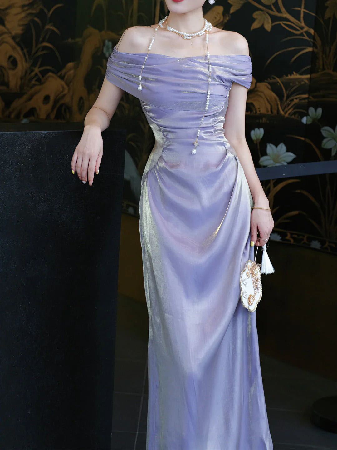 Lavender Off-the-Shoulder Prom Dress With Ruched Bodice Formal Prom Dress