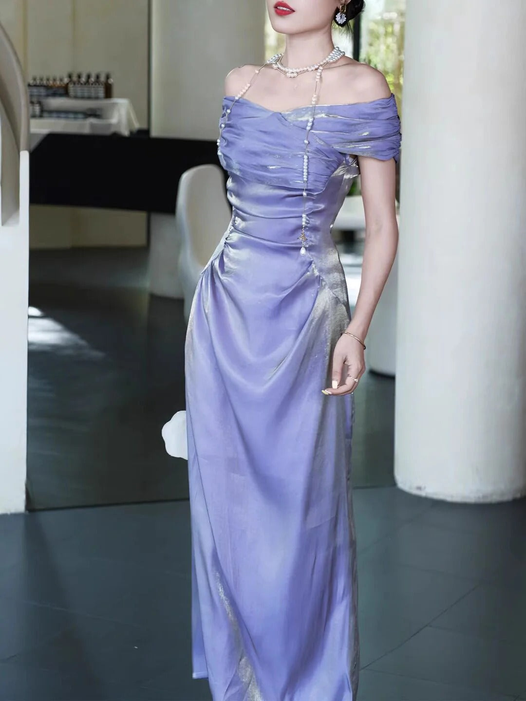 Lavender Off-the-Shoulder Prom Dress With Ruched Bodice Formal Prom Dress