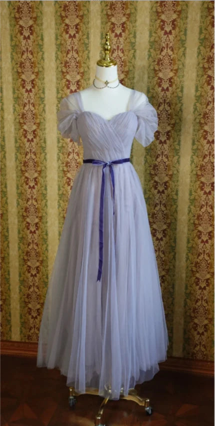 Lavender Off-the-Shoulder Tulle Corset Back Tea Length Prom Dress