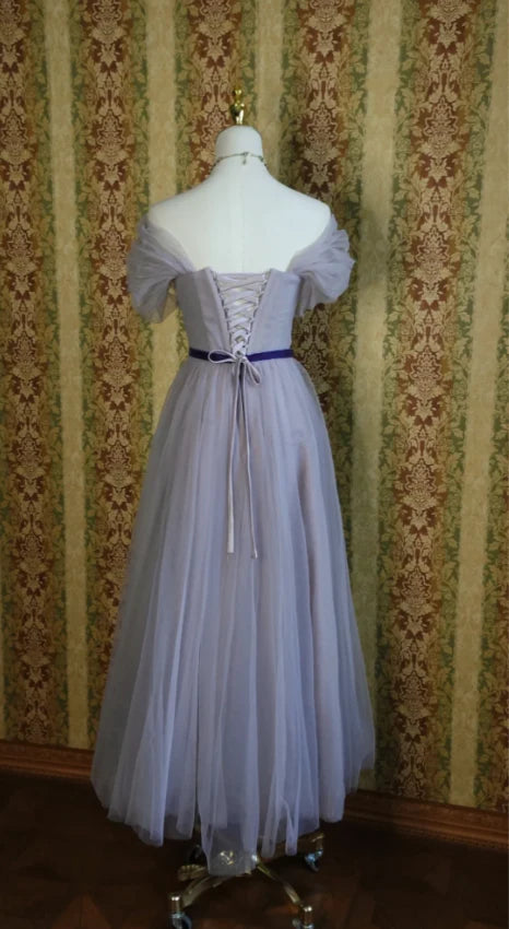 Lavender Off-the-Shoulder Tulle Corset Back Tea Length Prom Dress