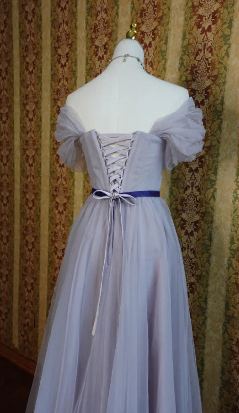 Lavender Off-the-Shoulder Tulle Corset Back Tea Length Prom Dress