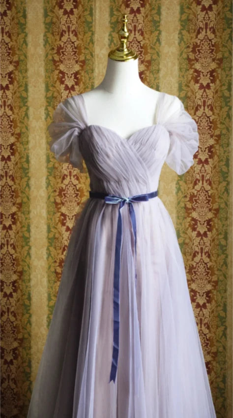 Lavender Off-the-Shoulder Tulle Corset Back Tea Length Prom Dress