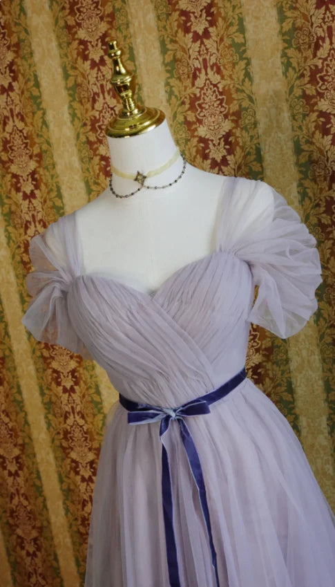 Lavender Off-the-Shoulder Tulle Corset Back Tea Length Prom Dress
