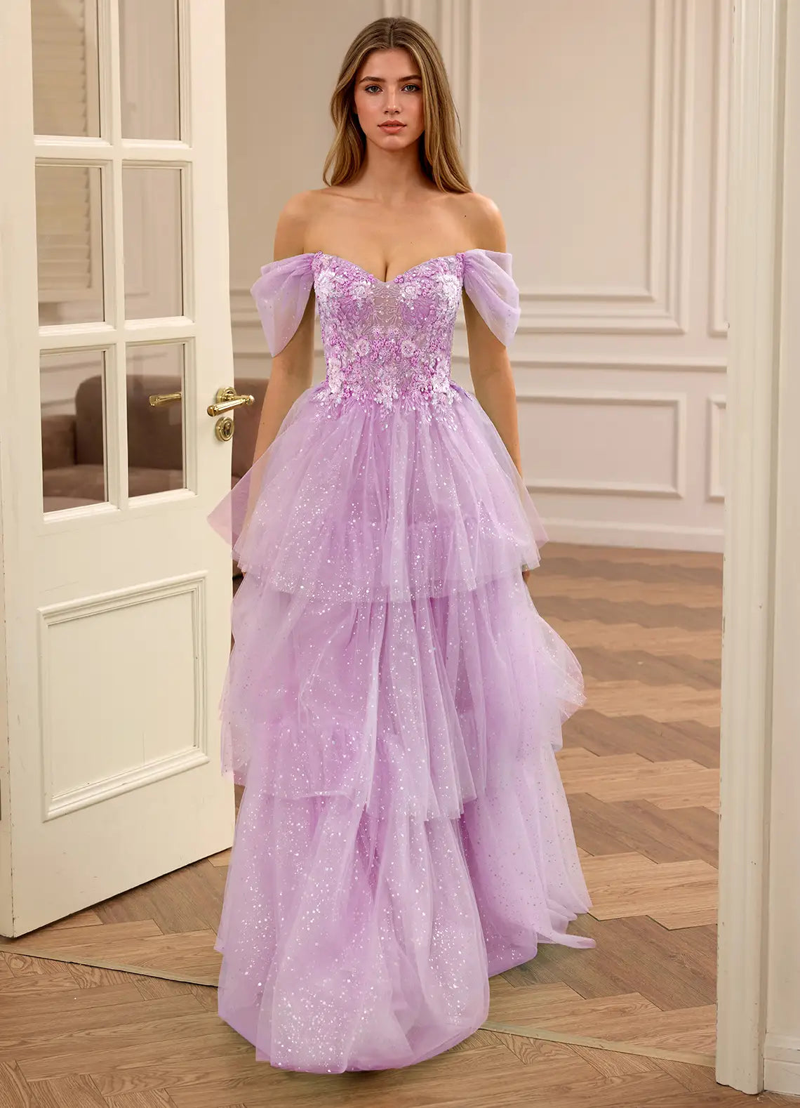 Lavender Off Shoulder Prom Dress With Sweetheart Neck Lace Up Back Floral Appliques Tiered Tulle Skirt Formal Prom Dress