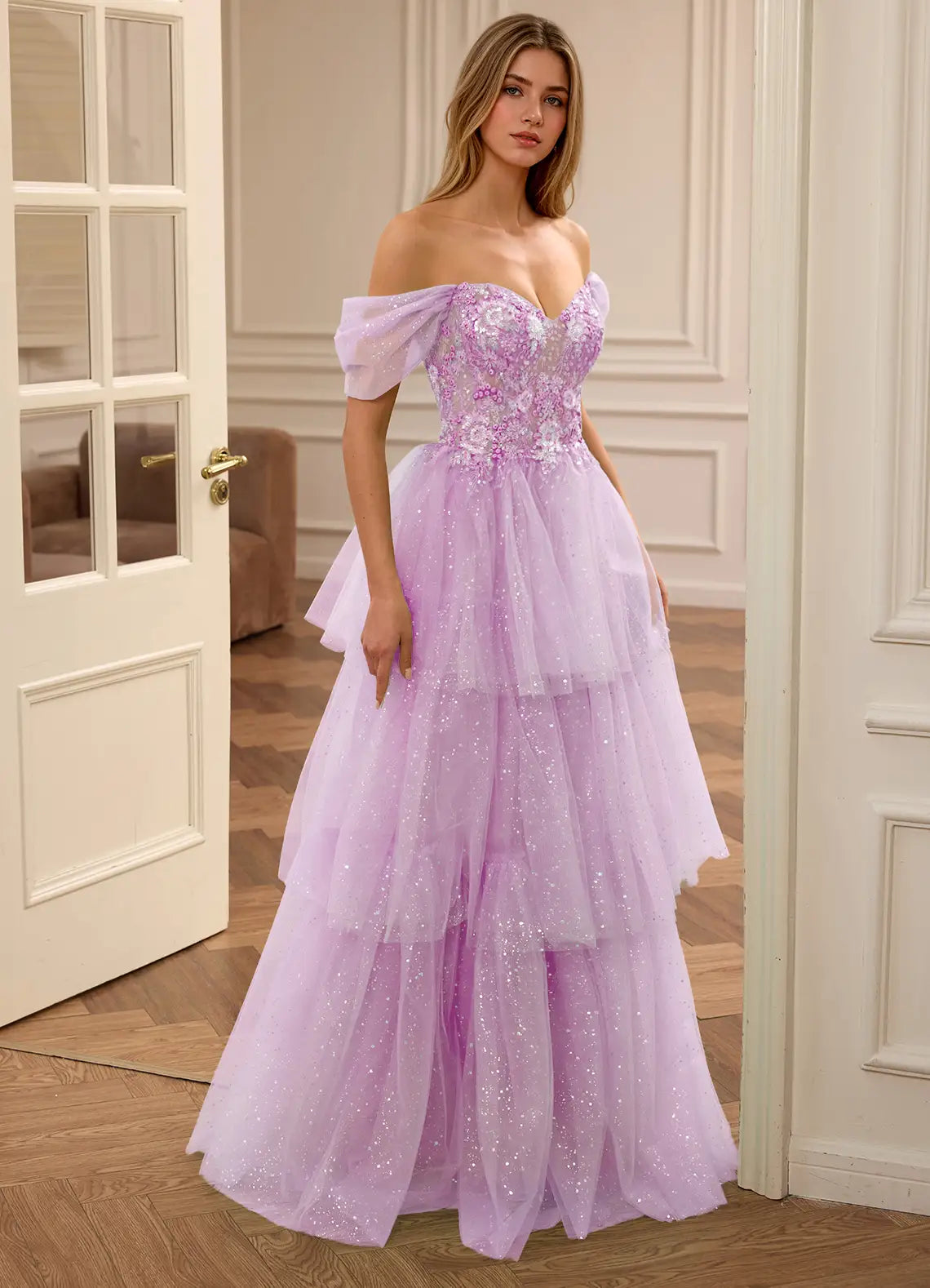 Lavender Off Shoulder Prom Dress With Sweetheart Neck Lace Up Back Floral Appliques Tiered Tulle Skirt Formal Prom Dress