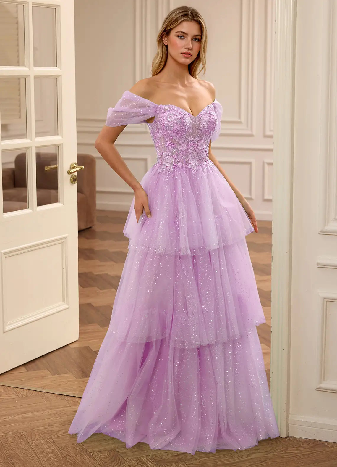 Lavender Off Shoulder Prom Dress With Sweetheart Neck Lace Up Back Floral Appliques Tiered Tulle Skirt Formal Prom Dress