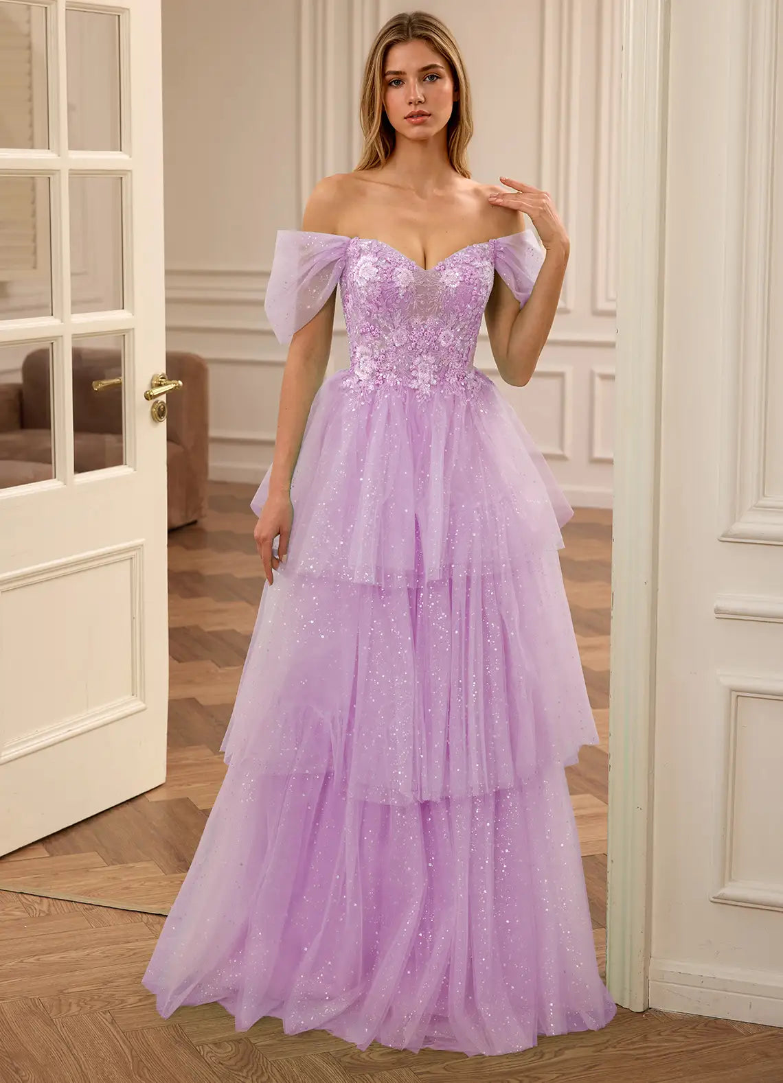 Lavender Off Shoulder Prom Dress With Sweetheart Neck Lace Up Back Floral Appliques Tiered Tulle Skirt Formal Prom Dress