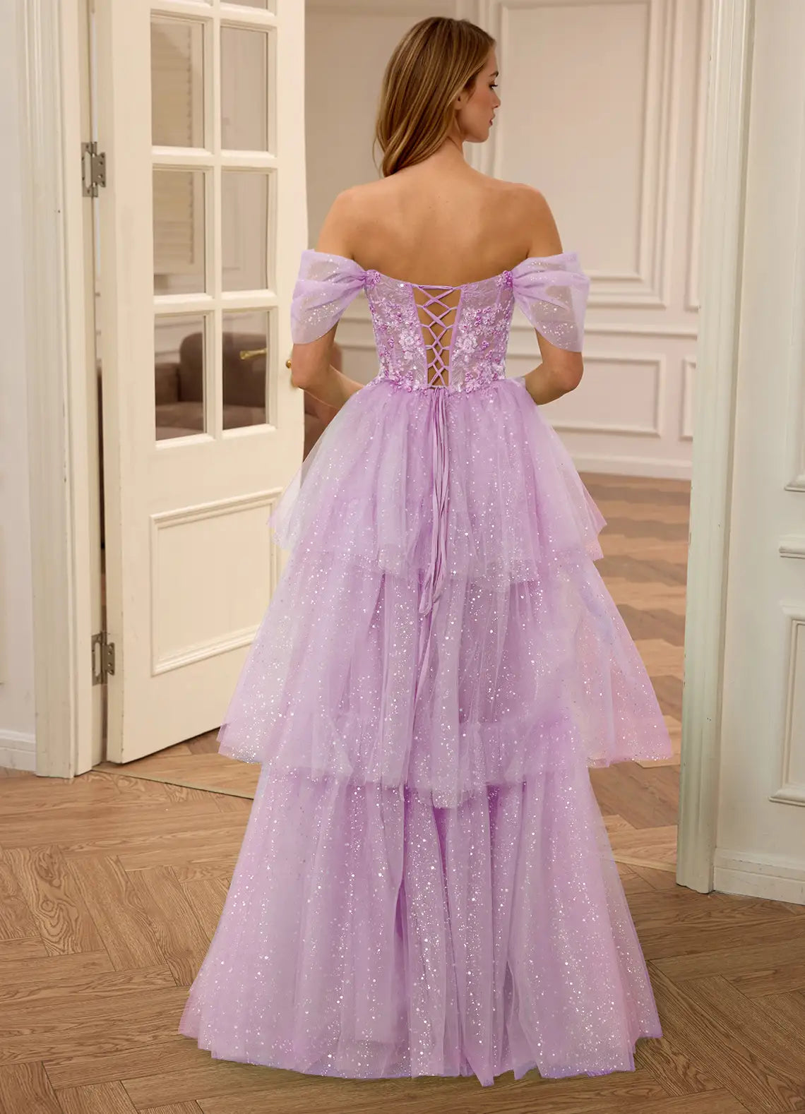 Lavender Off Shoulder Prom Dress With Sweetheart Neck Lace Up Back Floral Appliques Tiered Tulle Skirt Formal Prom Dress