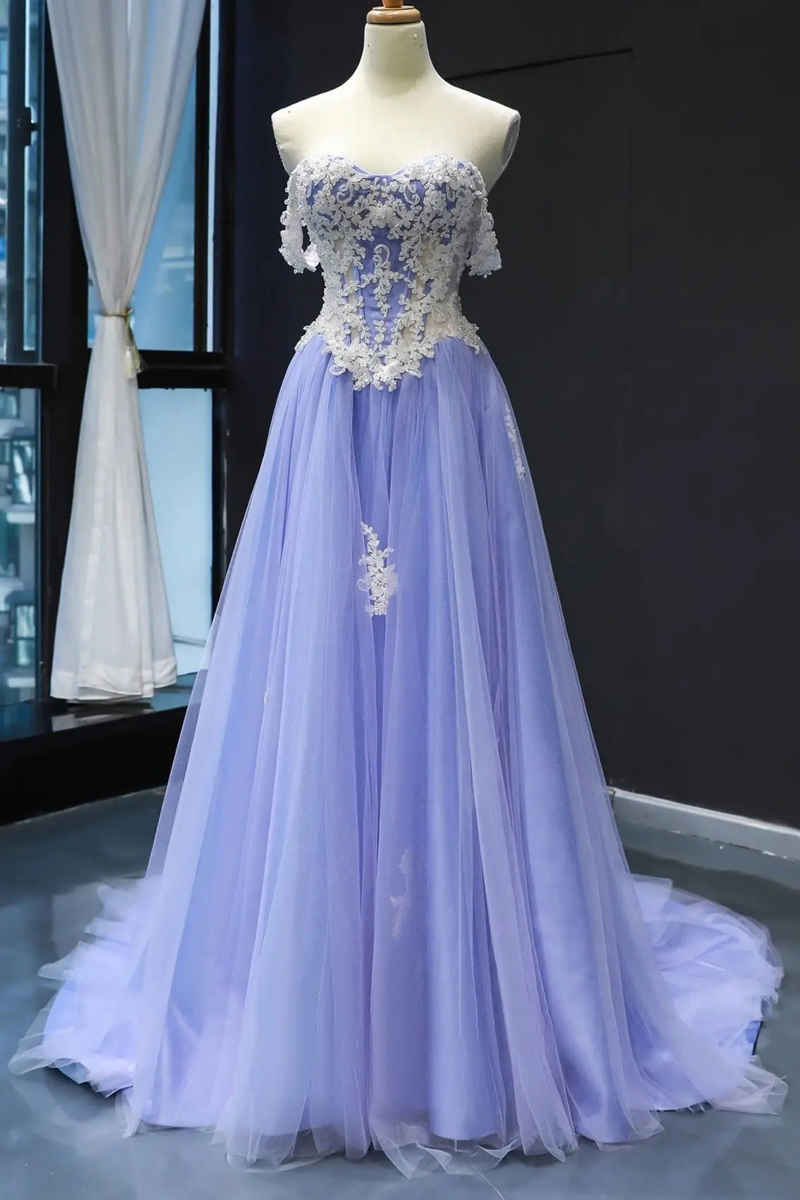 Lavender Off The Shoulder Lace Applique Ball Gown Prom Dress with Corset Back for Formal Events and Prom Nights