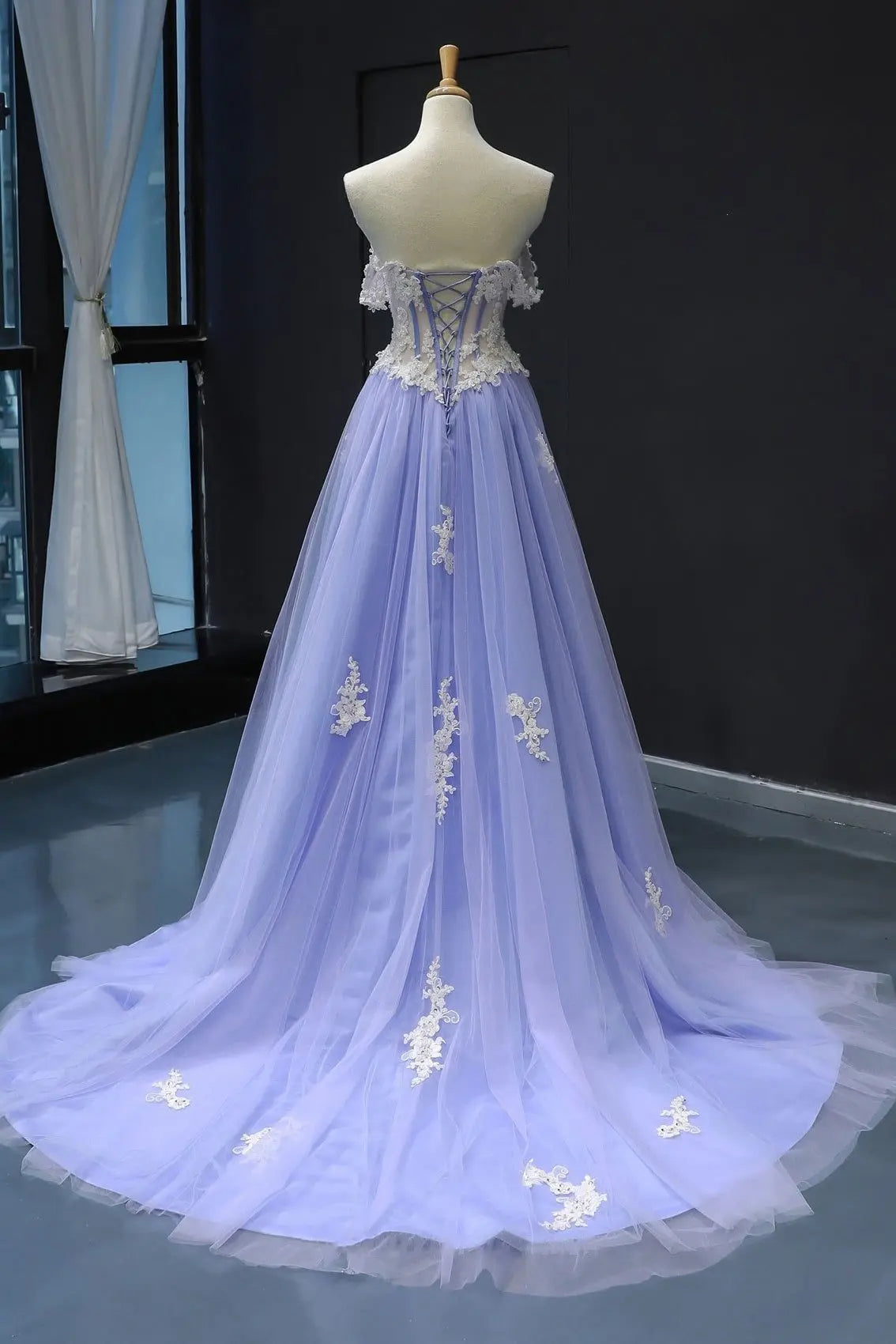 Lavender Off The Shoulder Lace Applique Ball Gown Prom Dress with Corset Back for Formal Events and Prom Nights