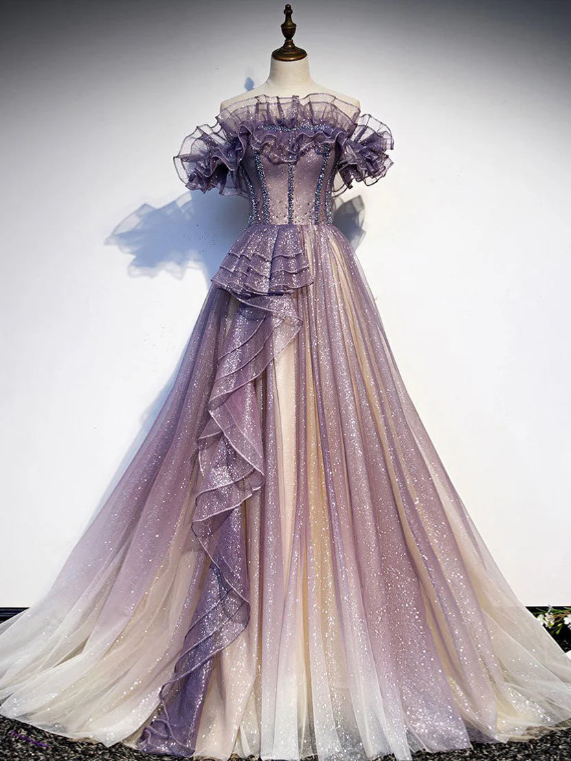 Lavender Ombre Sparkly Tulle Off Shoulder Corset Back A-Line Prom Dress