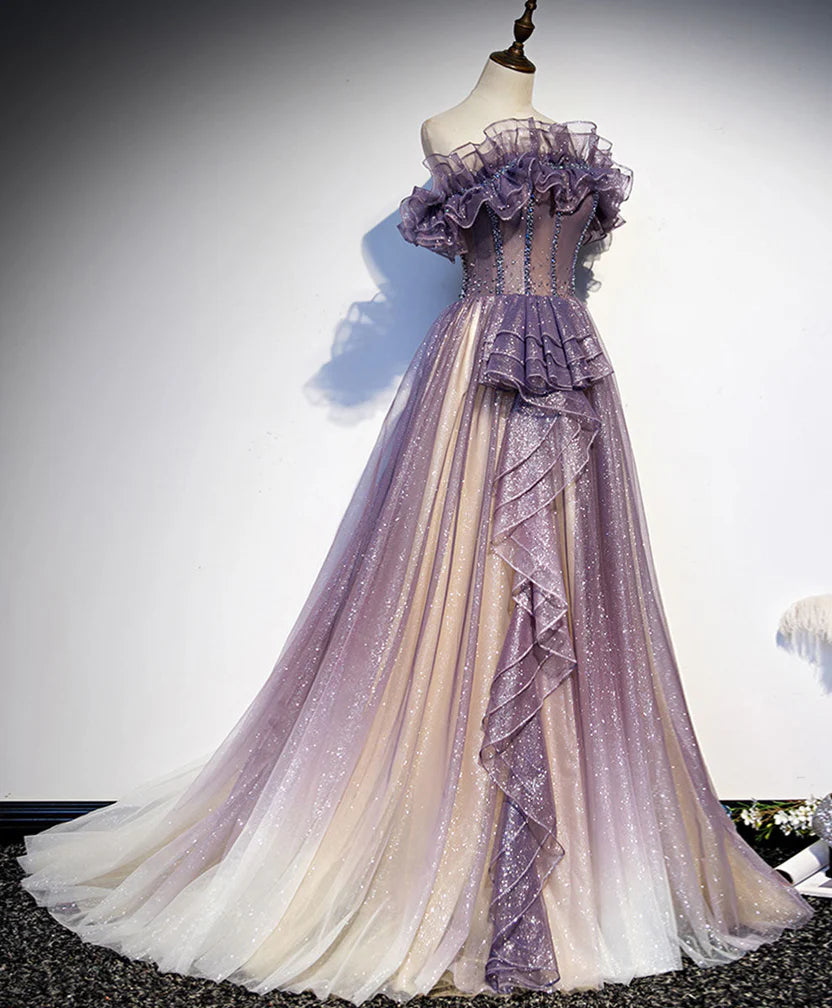 Lavender Ombre Sparkly Tulle Off Shoulder Corset Back A-Line Prom Dress