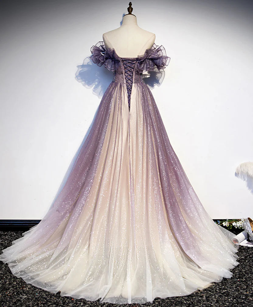Lavender Ombre Sparkly Tulle Off Shoulder Corset Back A-Line Prom Dress
