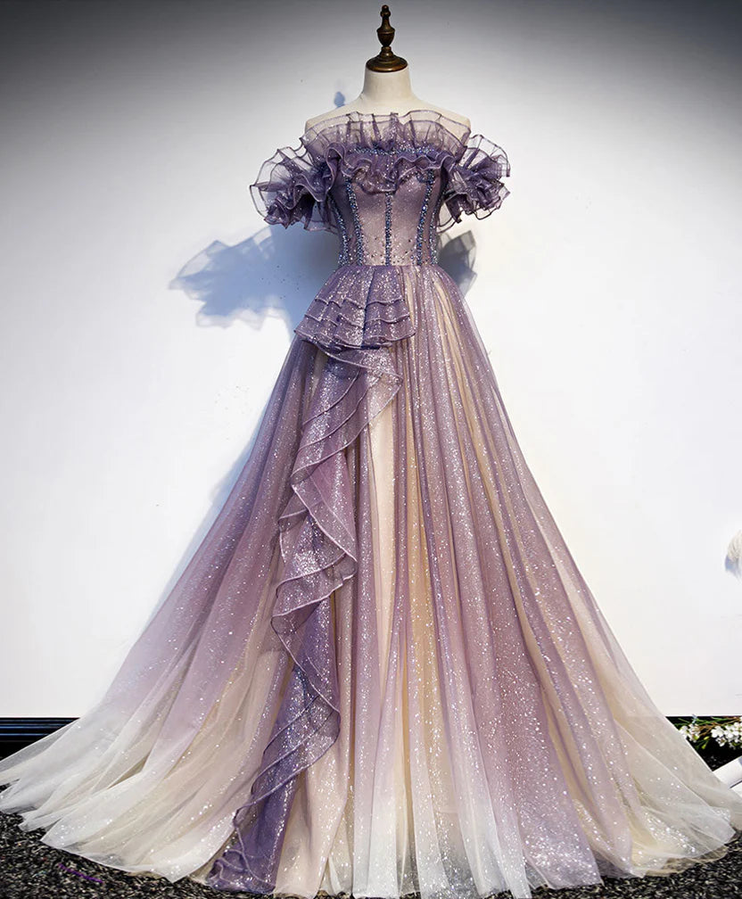 Lavender Ombre Sparkly Tulle Off Shoulder Corset Back A-Line Prom Dress