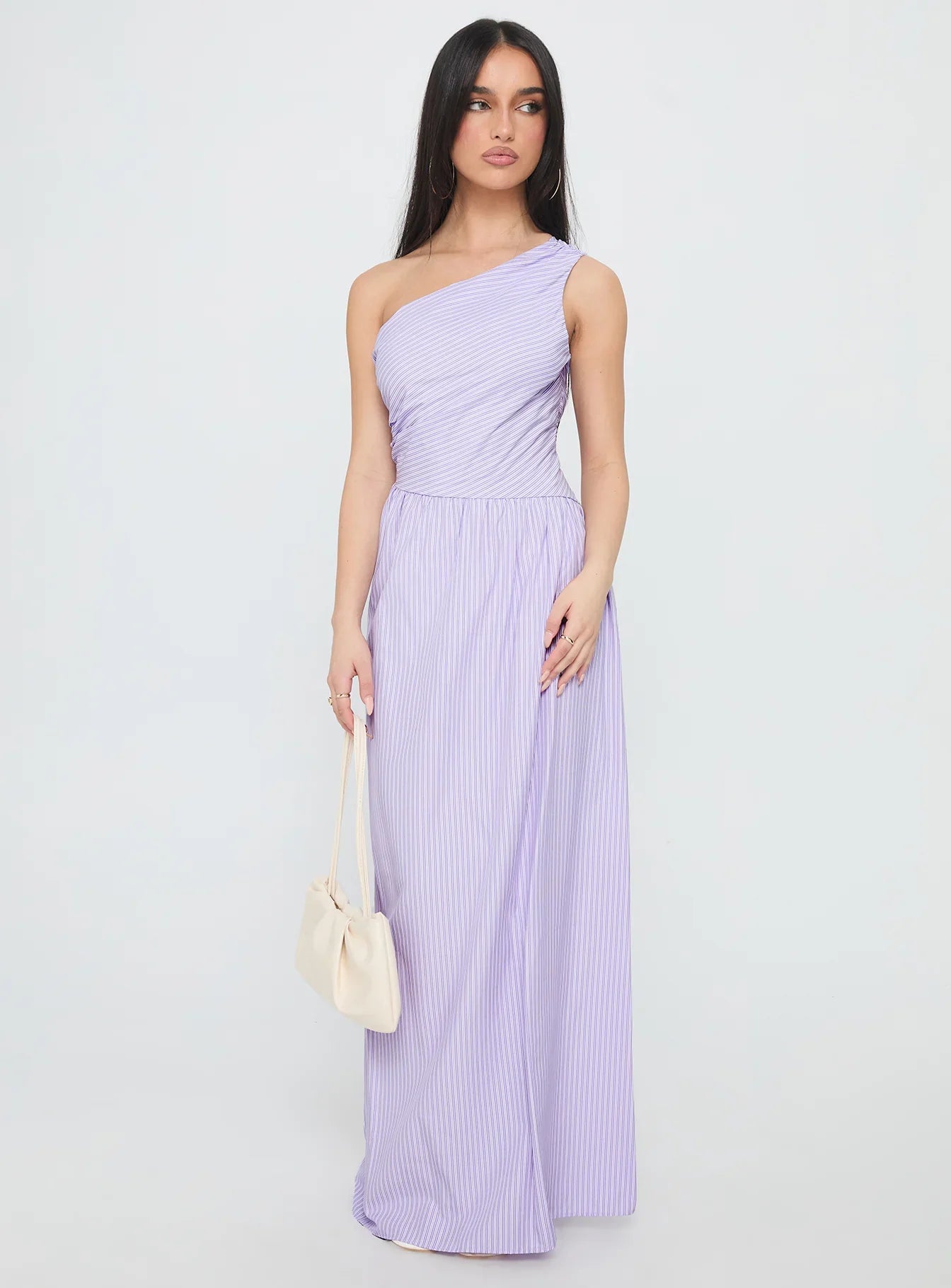 Lavender One Shoulder Prom Dress with Striped Print and Ruched Bodice for Formal Events and Prom Nights