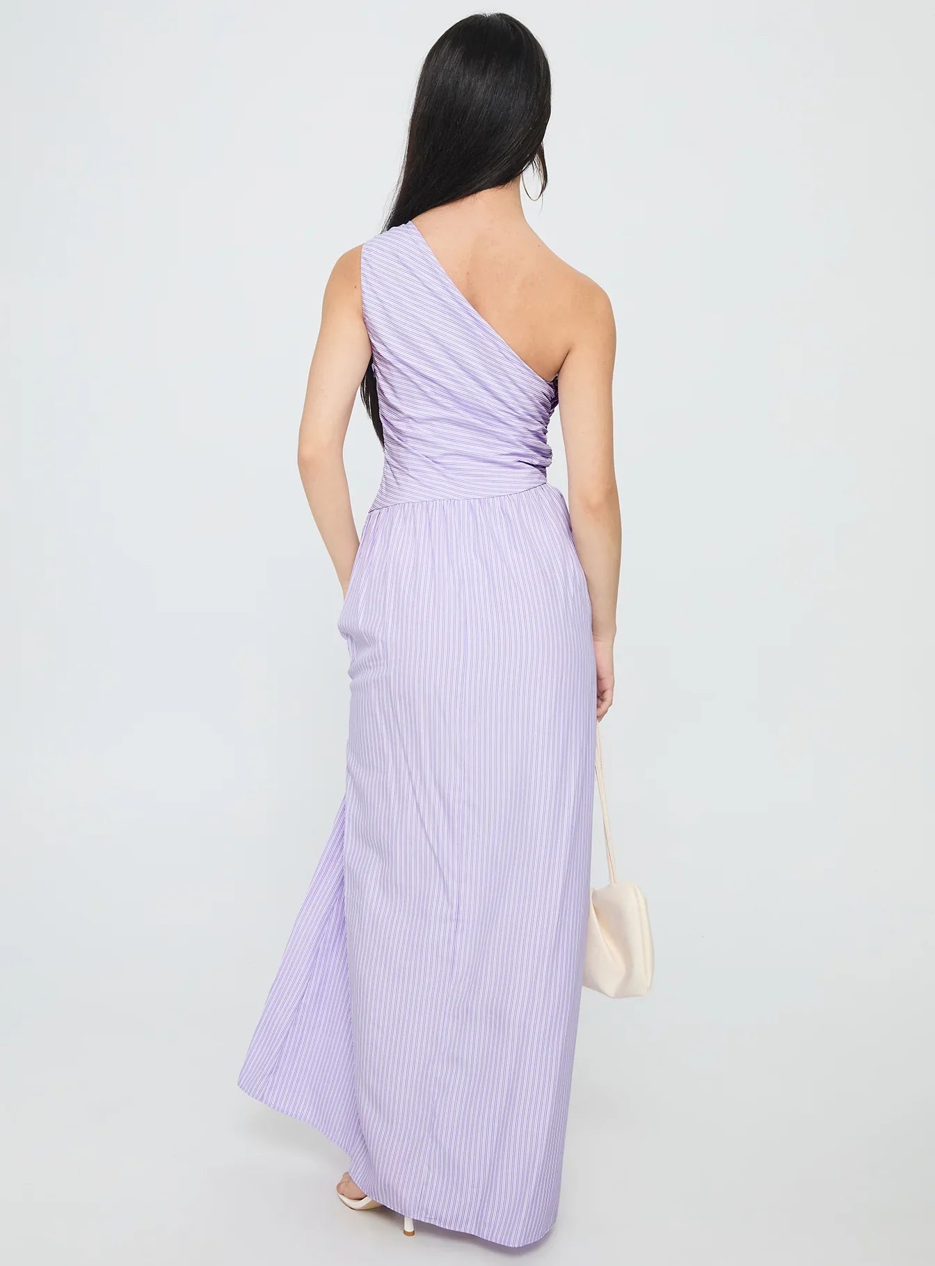 Lavender One Shoulder Prom Dress with Striped Print and Ruched Bodice for Formal Events and Prom Nights