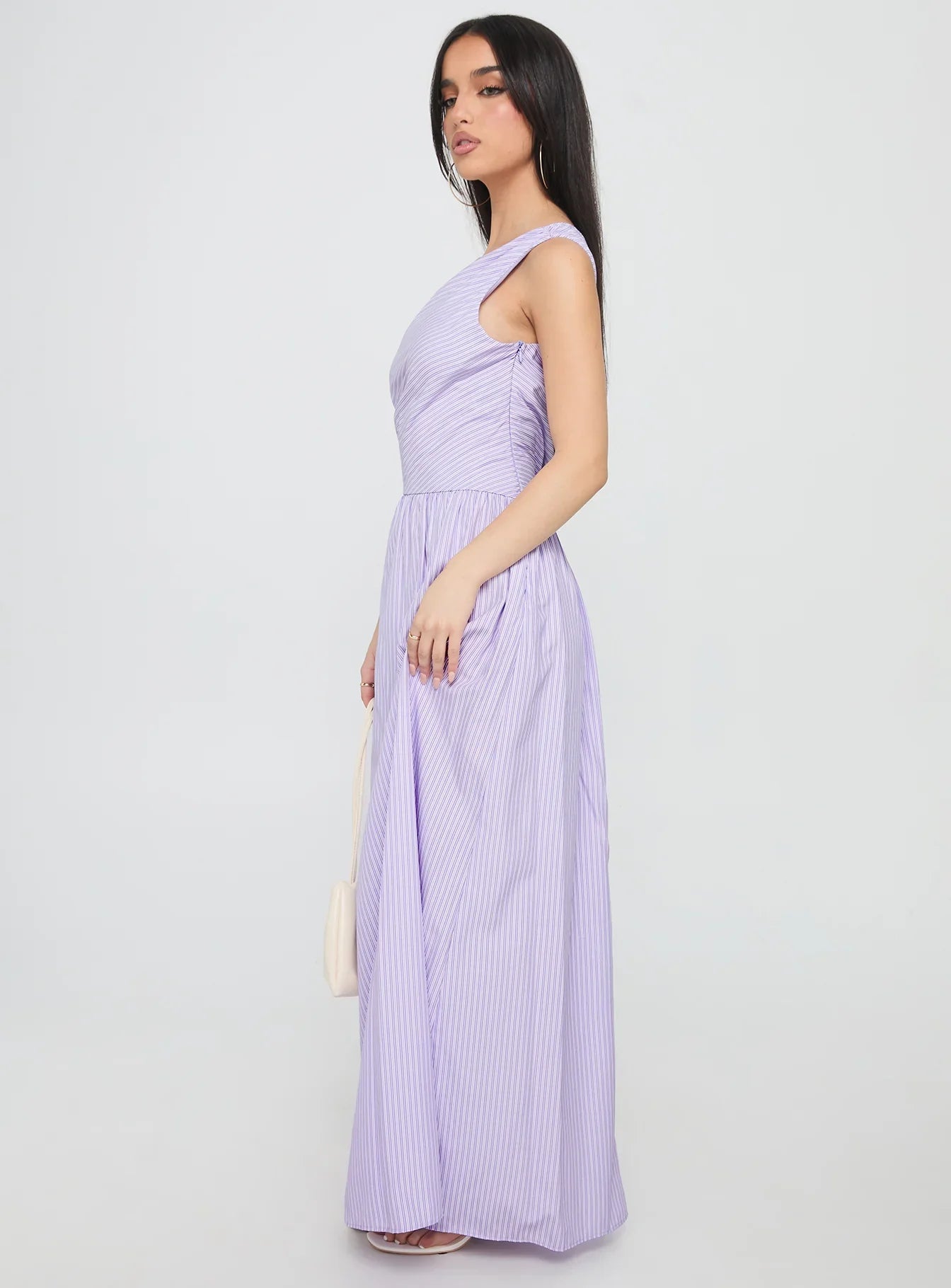 Lavender One Shoulder Prom Dress with Striped Print and Ruched Bodice for Formal Events and Prom Nights