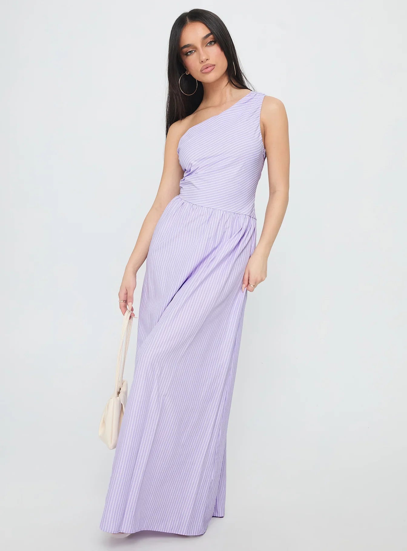 Lavender One Shoulder Prom Dress with Striped Print and Ruched Bodice for Formal Events and Prom Nights