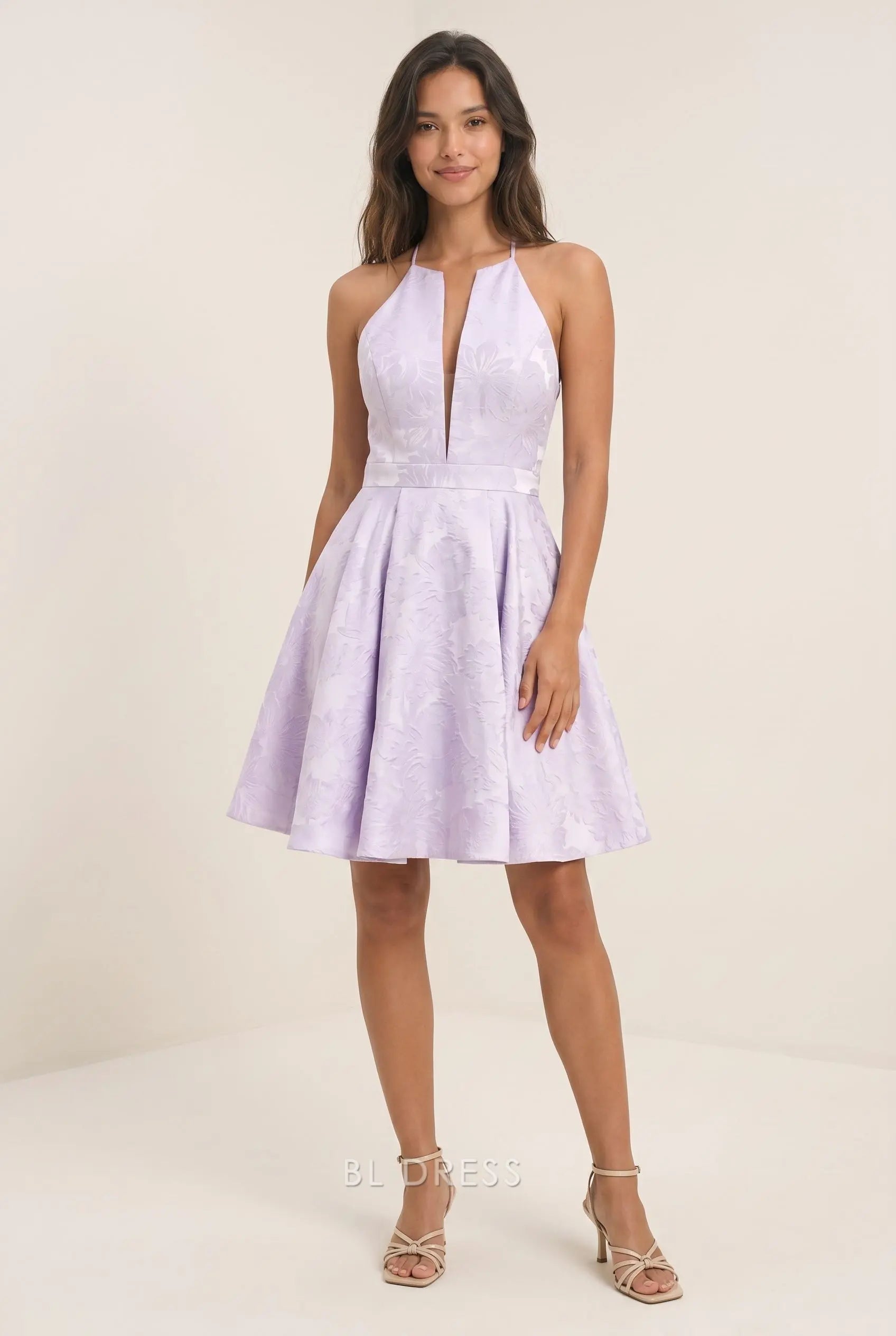 Lavender Purple Halter High Neck Deep V Plunge Floral Jacquard Open Back Waist Cinched Pleated A Line Mini Homecoming Dress