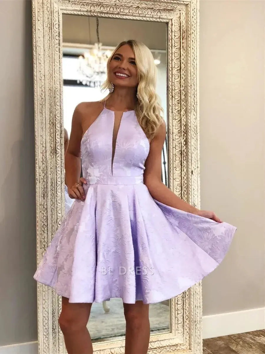 Lavender Purple Halter High Neck Deep V Plunge Floral Jacquard Open Back Waist Cinched Pleated A Line Mini Homecoming Dress