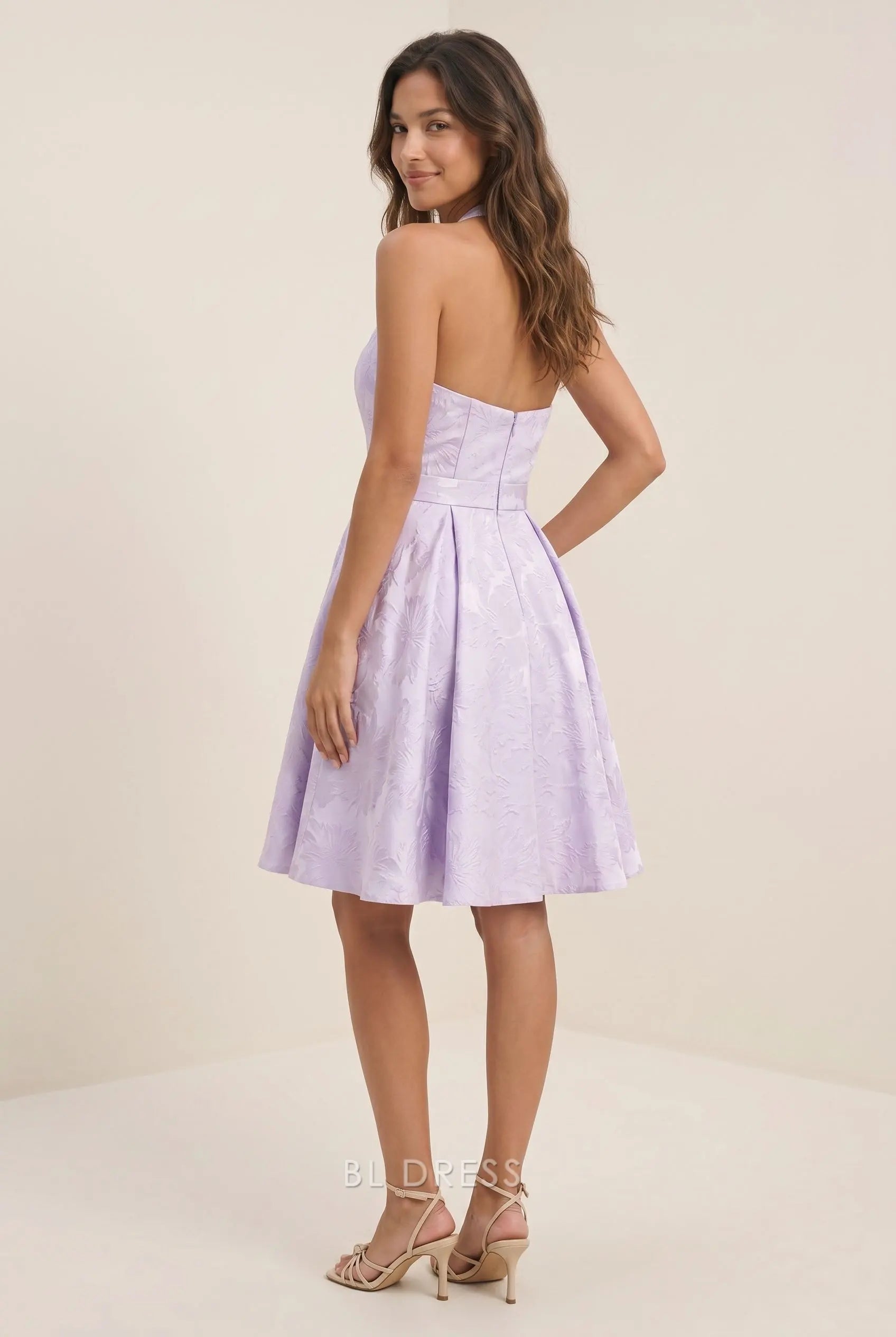 Lavender Purple Halter High Neck Deep V Plunge Floral Jacquard Open Back Waist Cinched Pleated A Line Mini Homecoming Dress