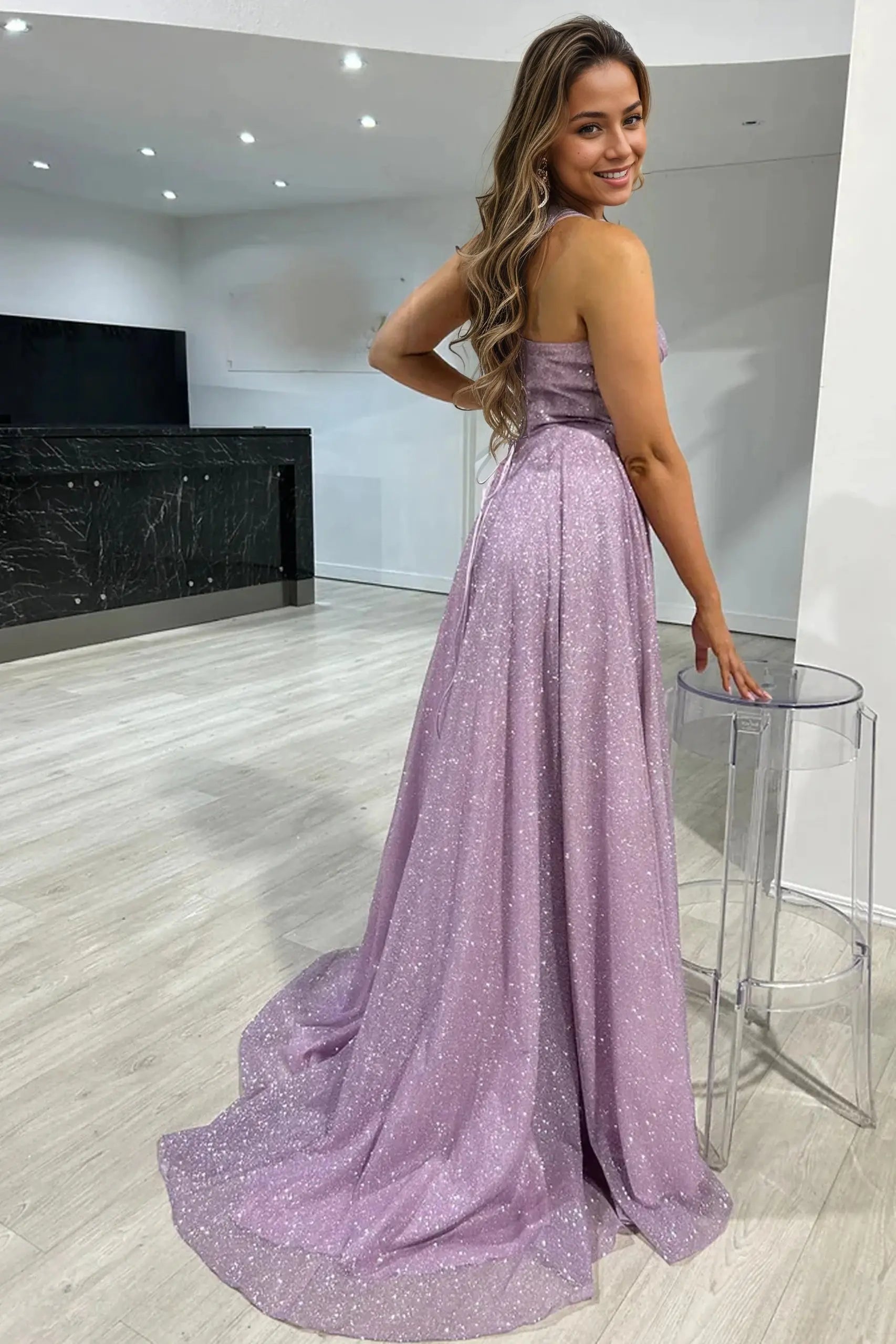 Lavender Spaghetti Strap Glitter A-Line Prom Dress with Corset Bodice and High Slit for Formal Events and Prom Nights