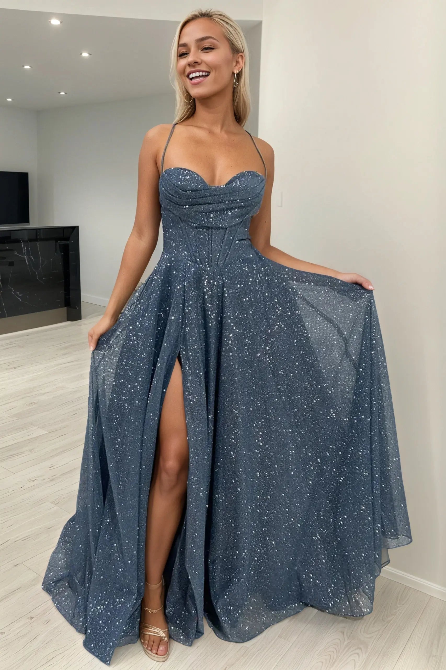 Lavender Spaghetti Strap Glitter A-Line Prom Dress with Corset Bodice and High Slit for Formal Events and Prom Nights