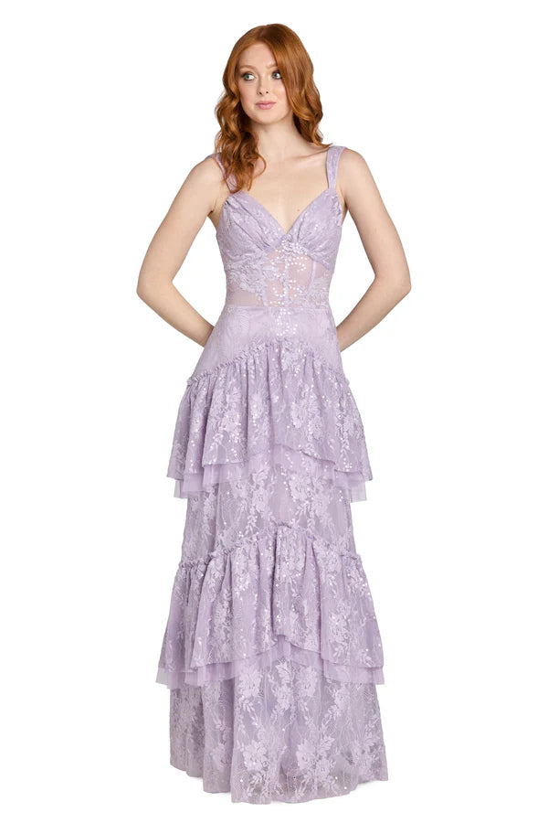 Lavender Spaghetti Strap Lace Tiered Ruffle Floor Length Formal Evening Prom Dress