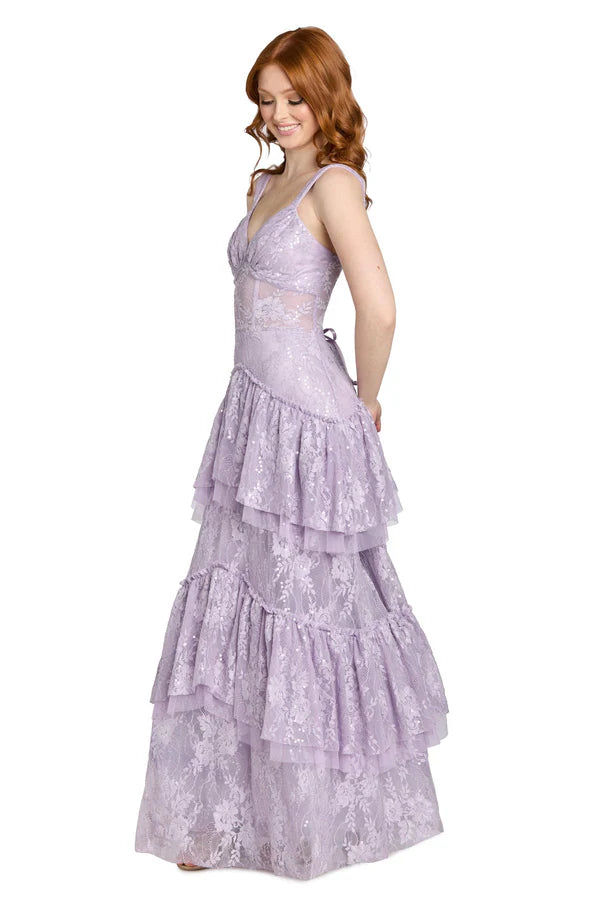 Lavender Spaghetti Strap Lace Tiered Ruffle Floor Length Formal Evening Prom Dress