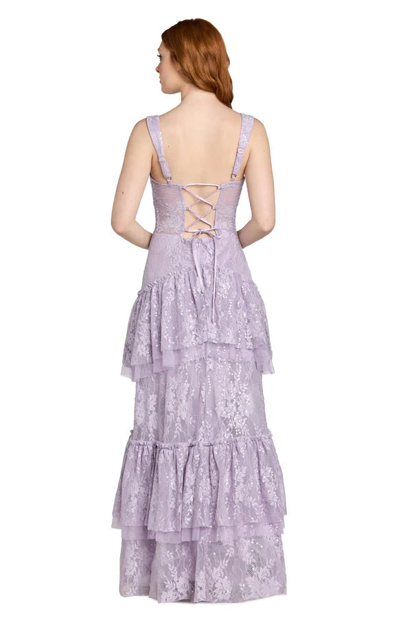 Lavender Spaghetti Strap Lace Tiered Ruffle Floor Length Formal Evening Prom Dress