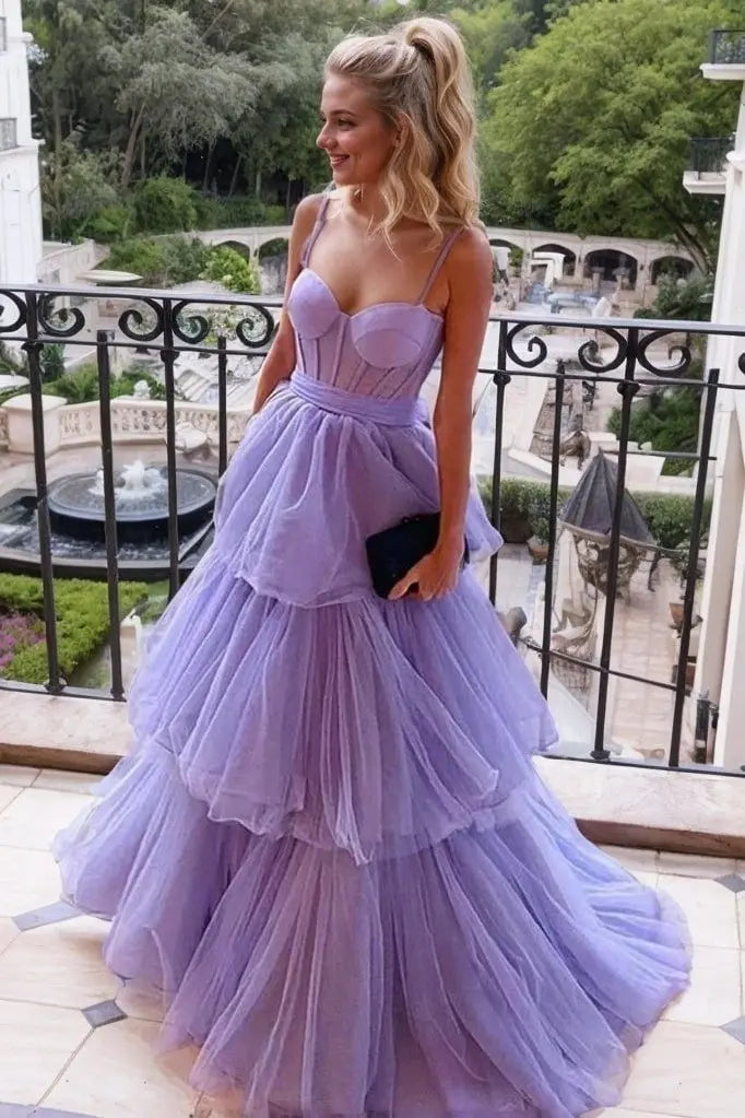 Lavender Spaghetti Strap Tiered Tulle Prom Dress with Corset Bodice and Bow Detail for Formal Events and Prom Nights