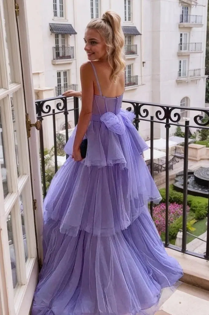 Lavender Spaghetti Strap Tiered Tulle Prom Dress with Corset Bodice and Bow Detail for Formal Events and Prom Nights