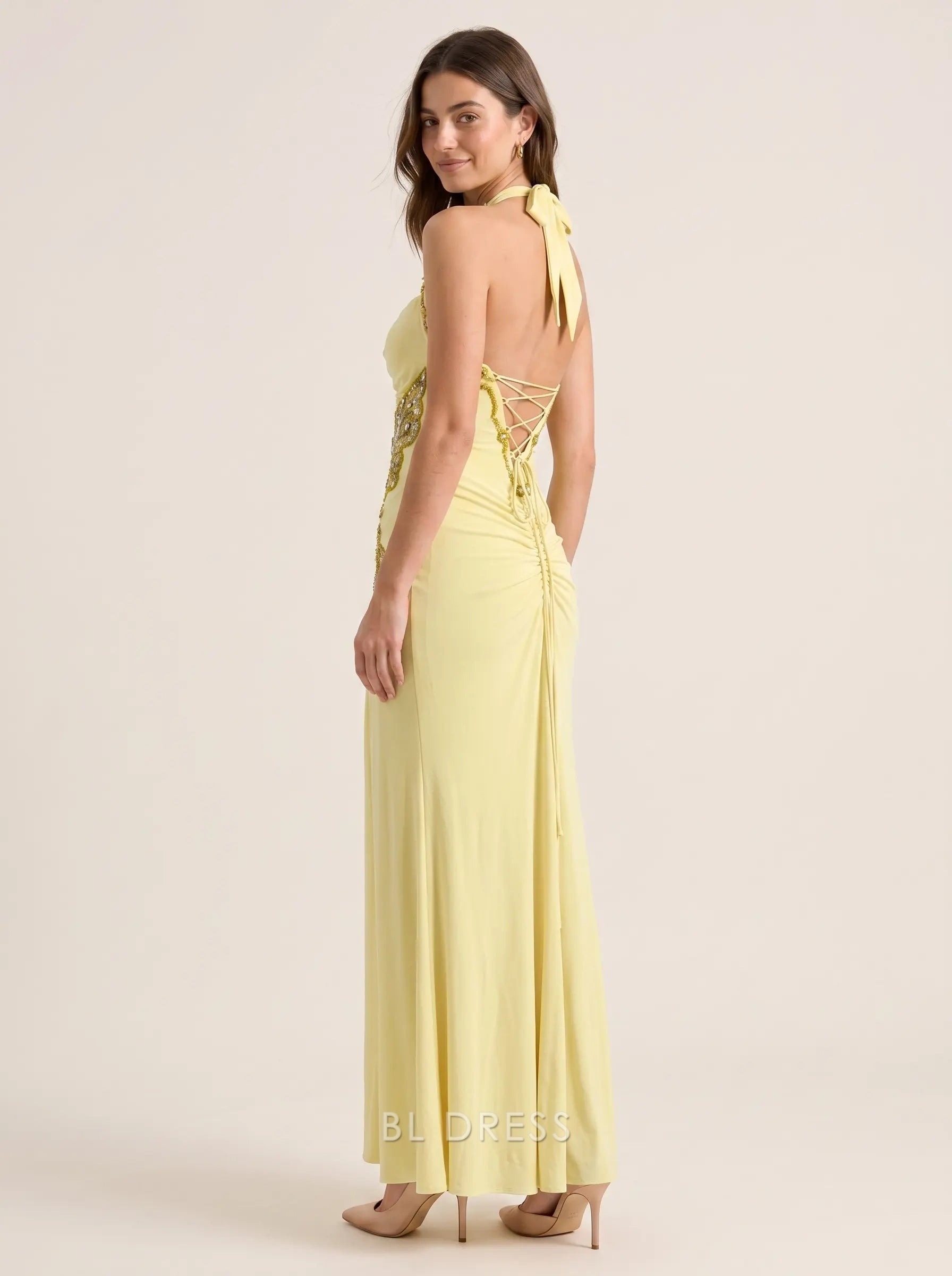 Lemon Yellow Halter Neck Bow Detail Butterfly Beaded Lace-Up Back Mermaid Formal Evening Prom Dress