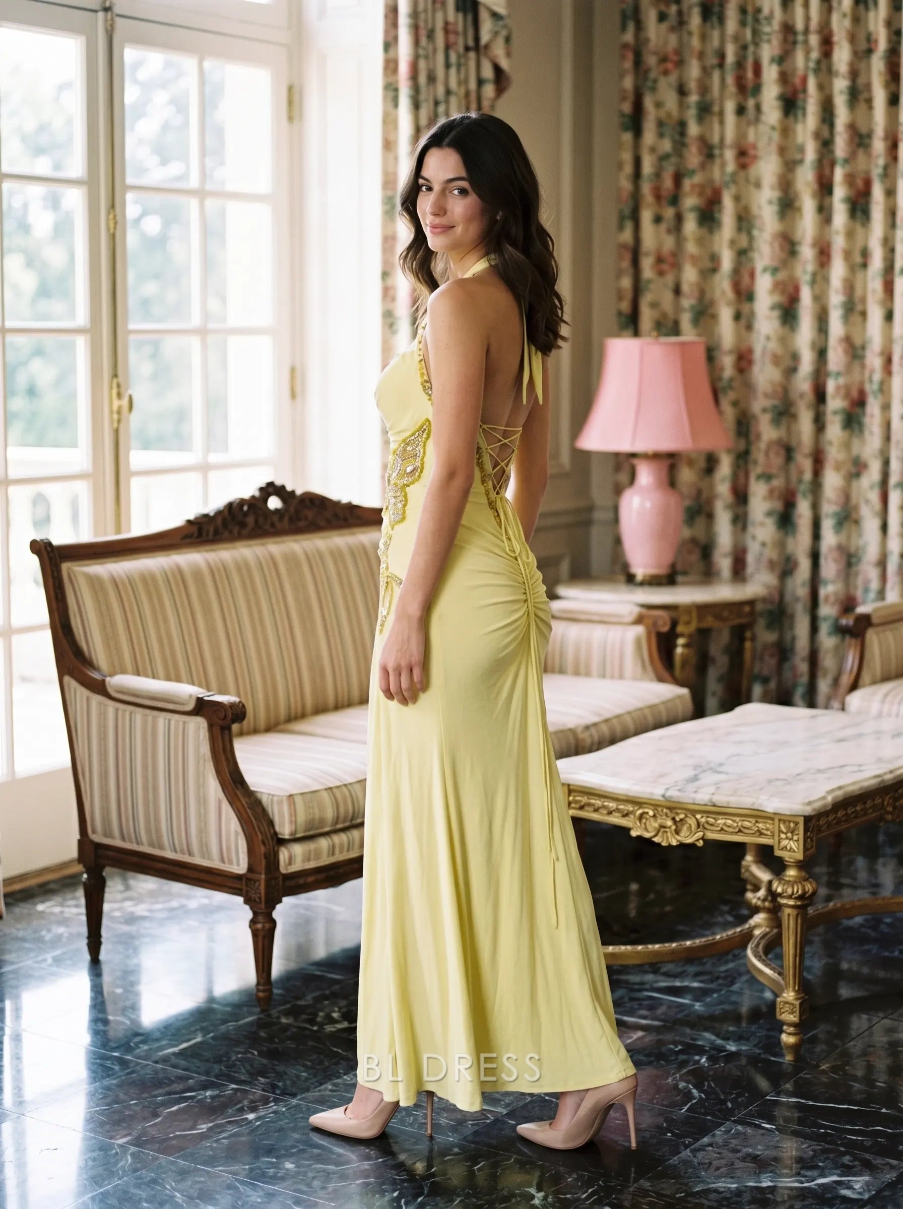 Lemon Yellow Halter Neck Bow Detail Butterfly Beaded Lace-Up Back Mermaid Formal Evening Prom Dress