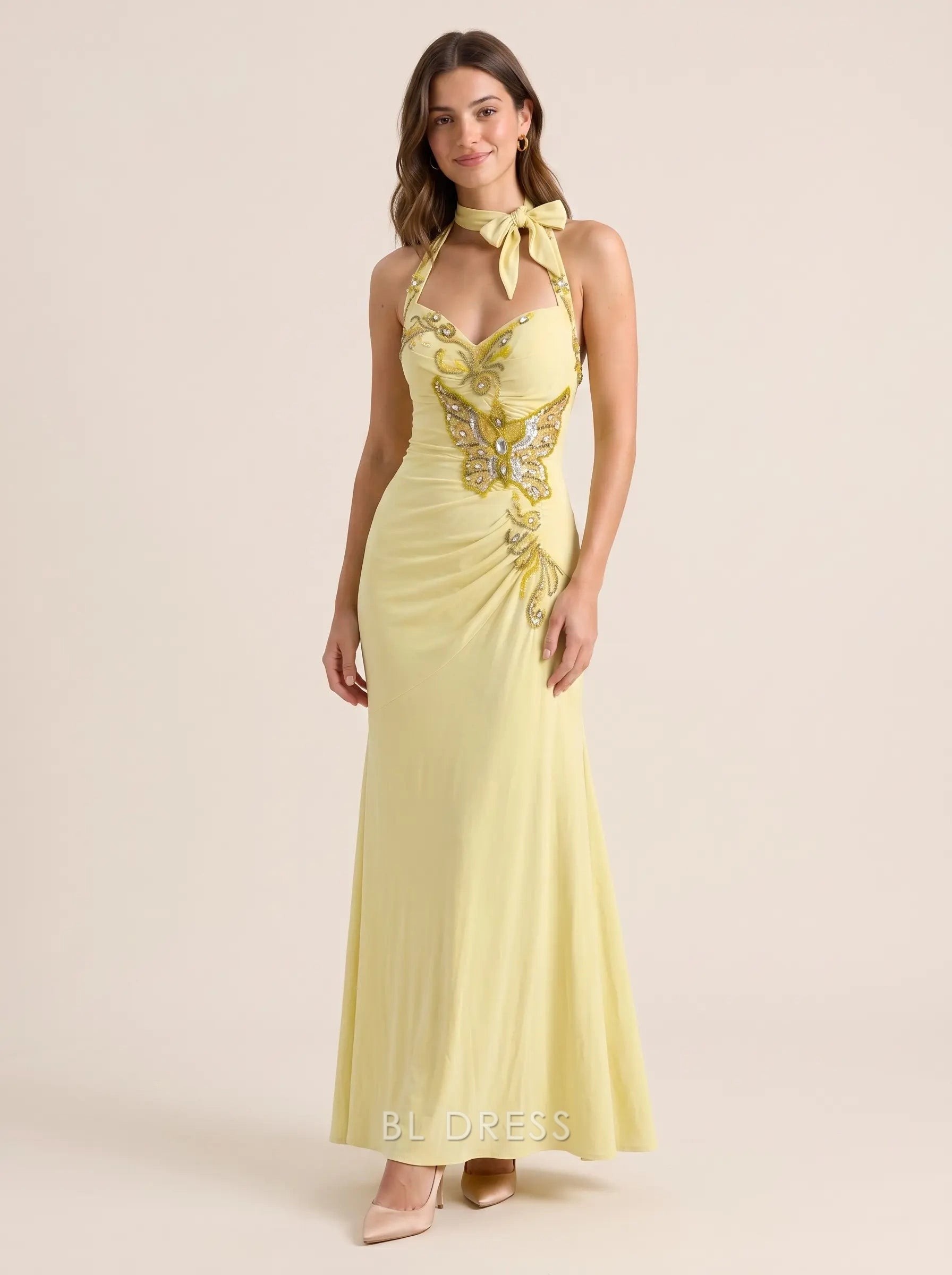 Lemon Yellow Halter Neck Bow Detail Butterfly Beaded Lace-Up Back Mermaid Formal Evening Prom Dress