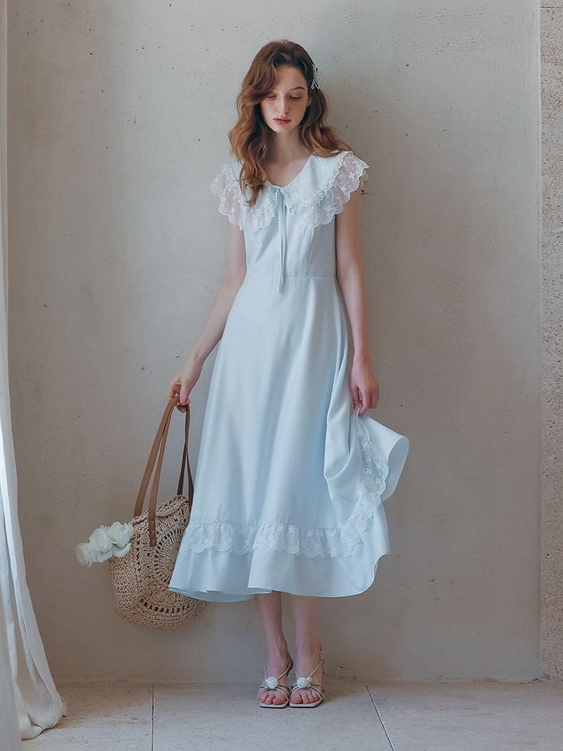 Light Blue Casual Midi Dress with Lace Peter Pan Collar and Ruffle Hem for Daily Wear Bridal Shower and Tea Party