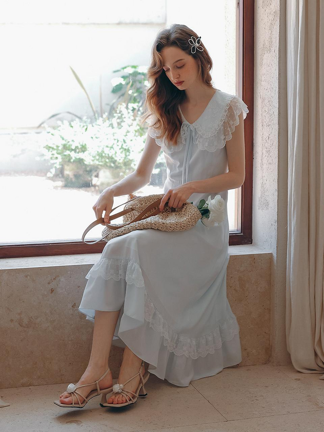 Light Blue Casual Midi Dress with Lace Peter Pan Collar and Ruffle Hem for Daily Wear Bridal Shower and Tea Party