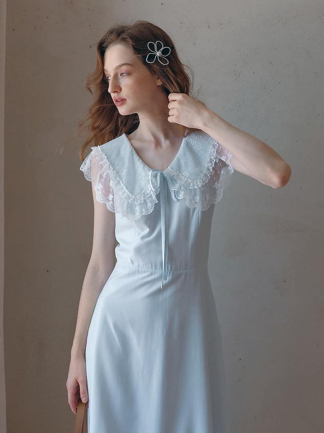 Light Blue Casual Midi Dress with Lace Peter Pan Collar and Ruffle Hem for Daily Wear Bridal Shower and Tea Party