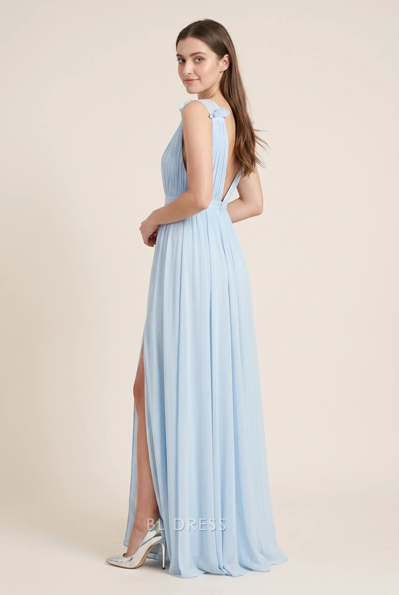 Light Blue Deep V Neck Sleeveless Ruffled Shoulder High Slit Chiffon Floor Length Formal Evening Prom Dress