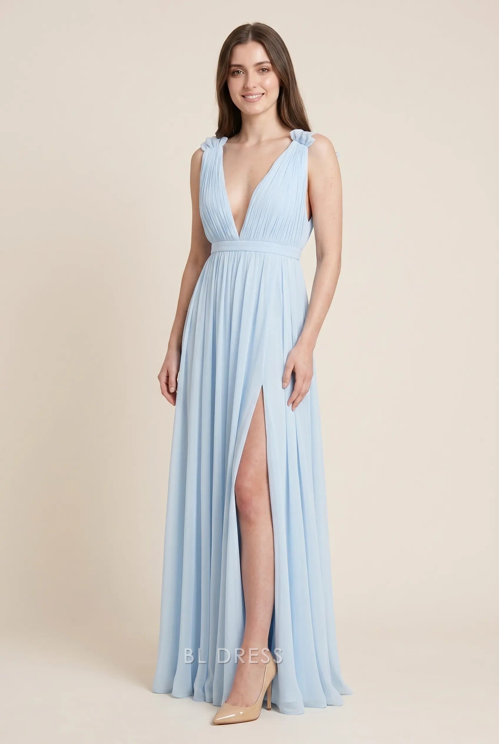 Light Blue Deep V Neck Sleeveless Ruffled Shoulder High Slit Chiffon Floor Length Formal Evening Prom Dress