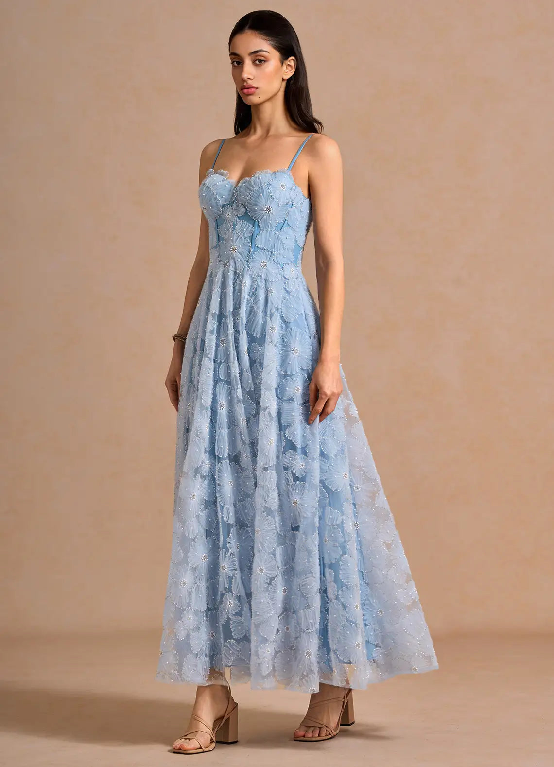 Light Blue Floral Beaded Prom Dress with Spaghetti Straps and Sweetheart Neckline for Formal Events and Evening Occasions