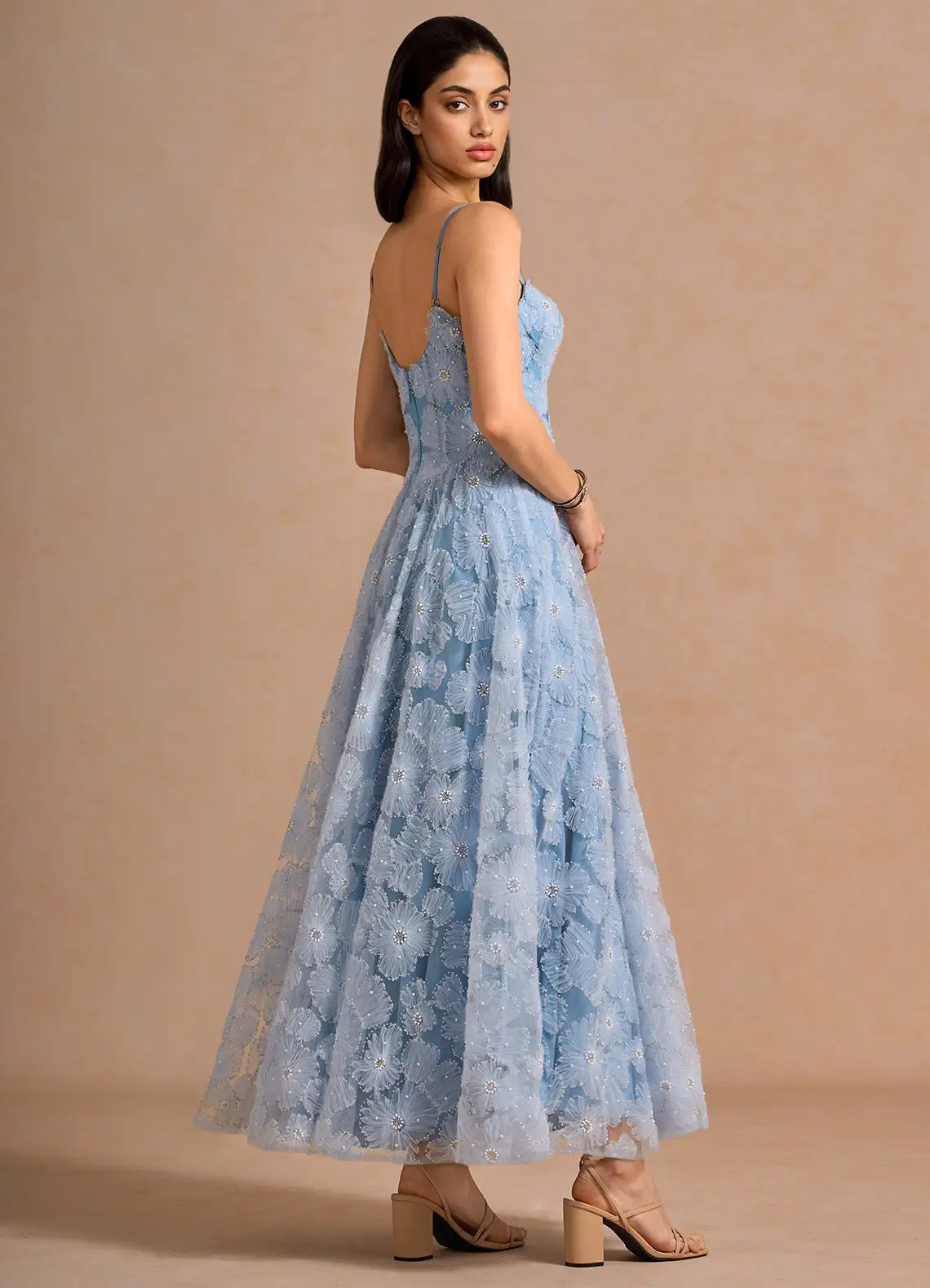 Light Blue Floral Beaded Prom Dress with Spaghetti Straps and Sweetheart Neckline for Formal Events and Evening Occasions