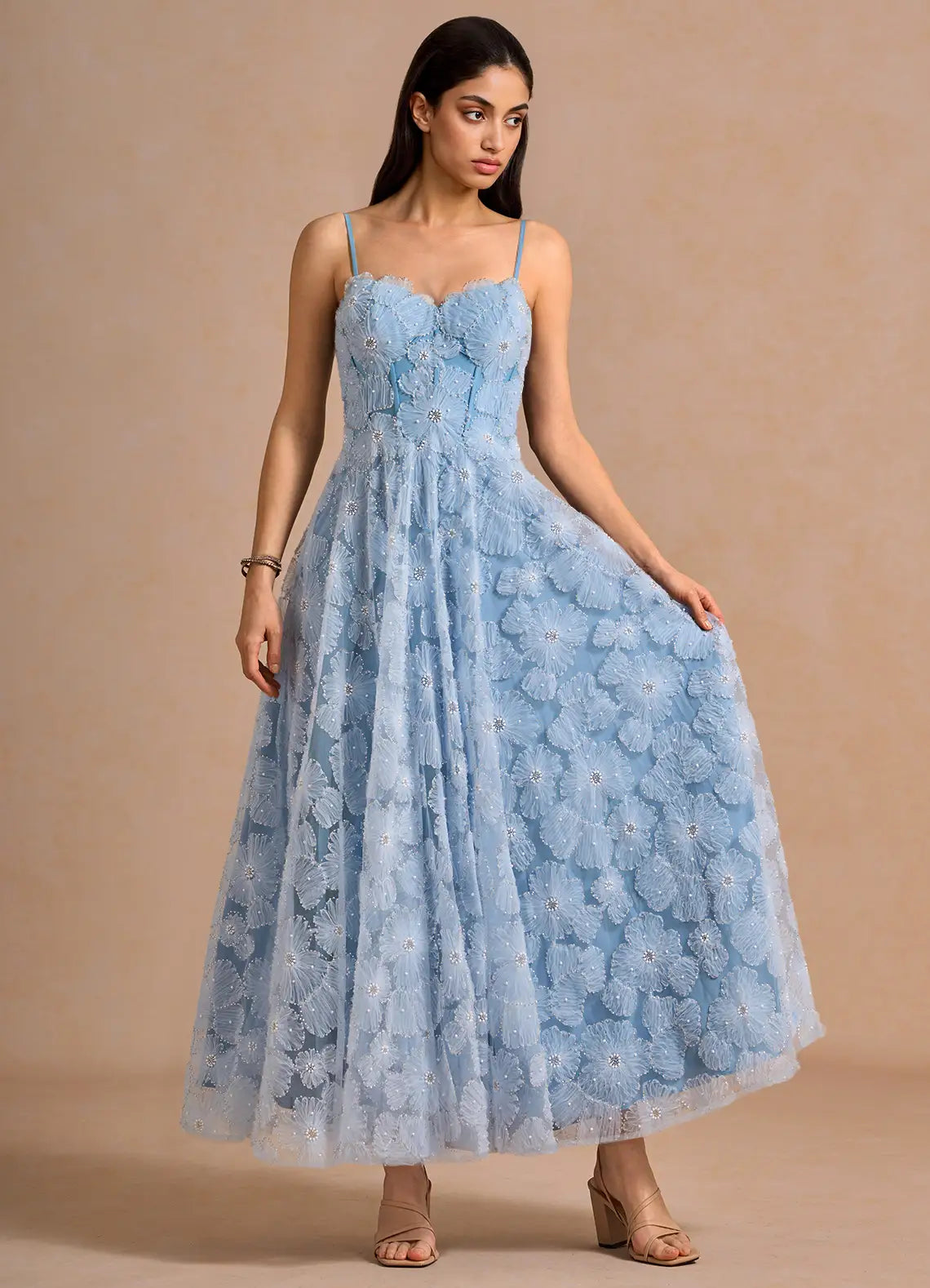 Light Blue Floral Beaded Prom Dress with Spaghetti Straps and Sweetheart Neckline for Formal Events and Evening Occasions