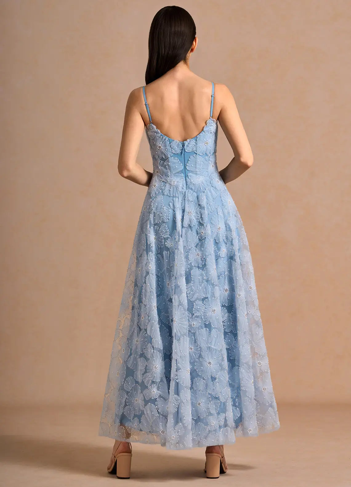 Light Blue Floral Beaded Prom Dress with Spaghetti Straps and Sweetheart Neckline for Formal Events and Evening Occasions