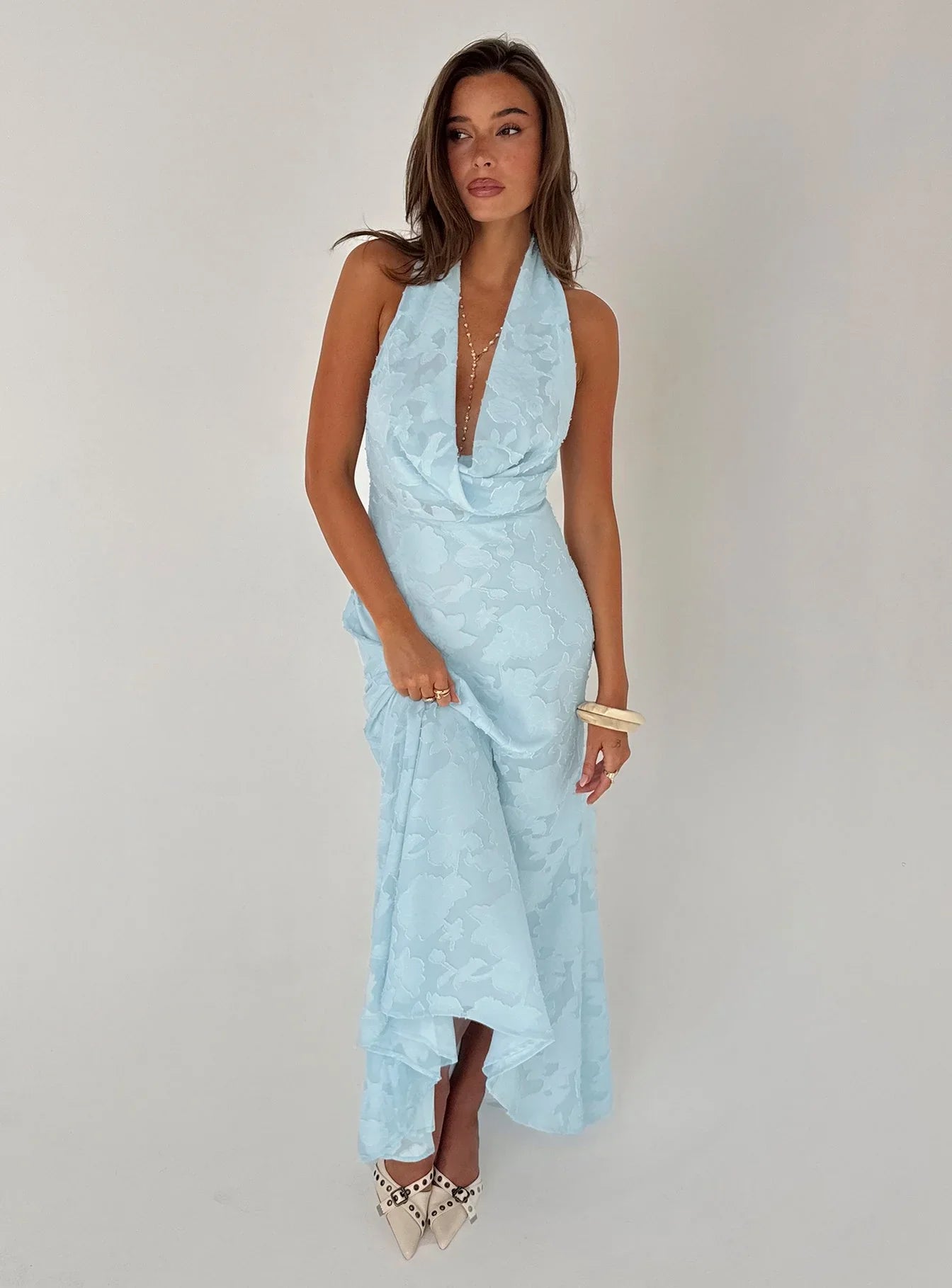 Light Blue Floral Jacquard Halter Prom Dress with Cowl Neckline and Tie Back for Formal Events and Prom Nights