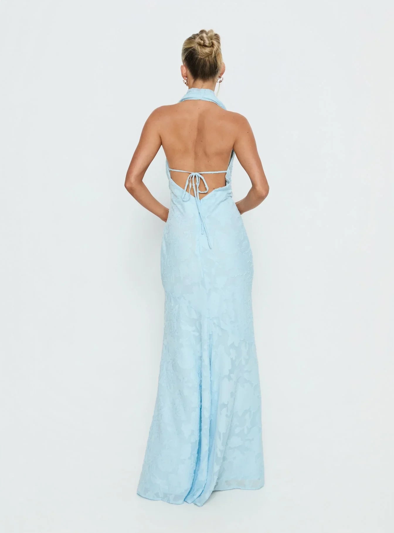 Light Blue Floral Jacquard Halter Prom Dress with Cowl Neckline and Tie Back for Formal Events and Prom Nights