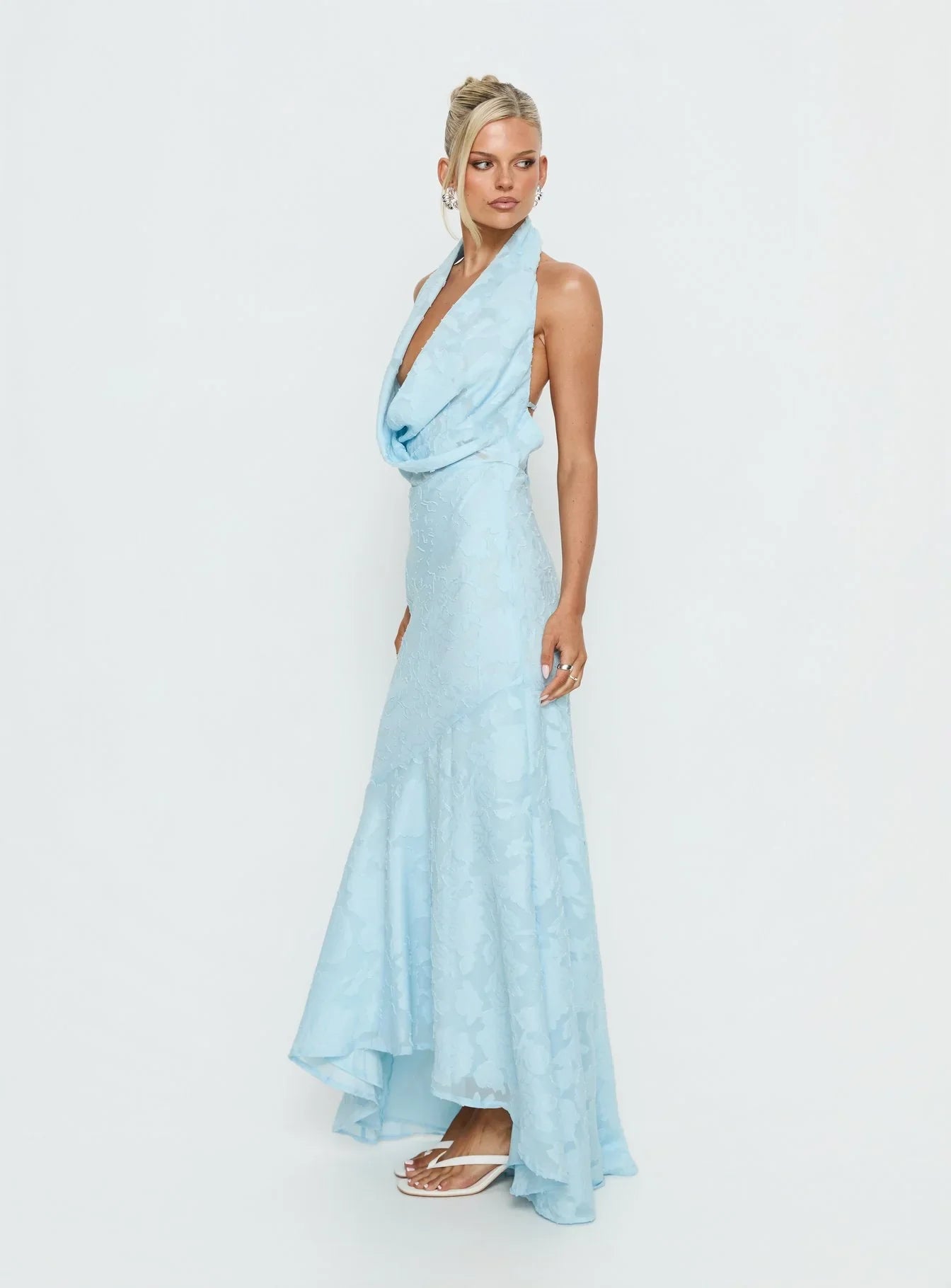 Light Blue Floral Jacquard Halter Prom Dress with Cowl Neckline and Tie Back for Formal Events and Prom Nights