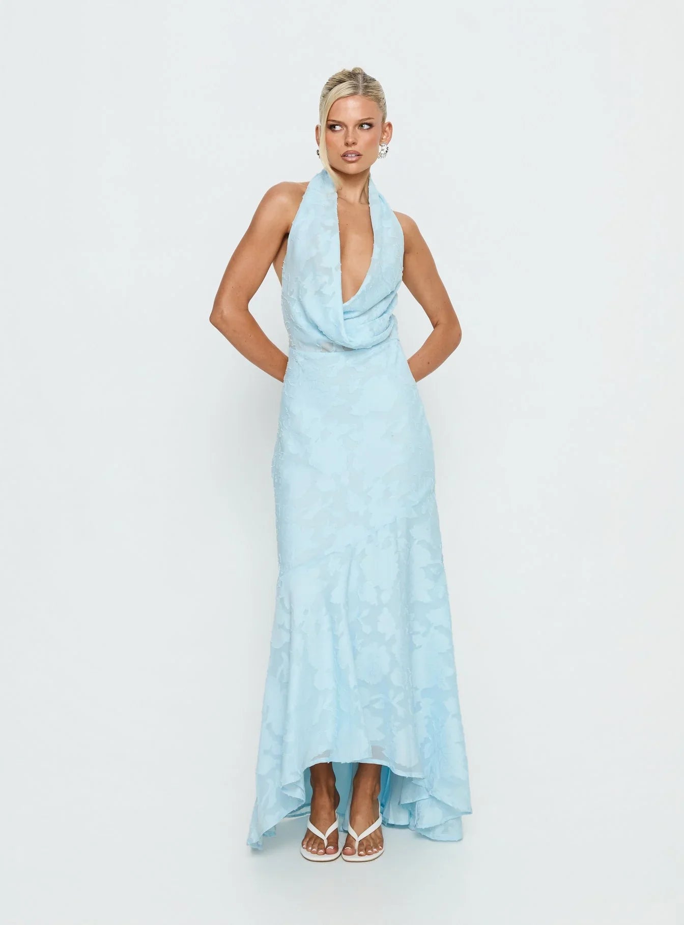 Light Blue Floral Jacquard Halter Prom Dress with Cowl Neckline and Tie Back for Formal Events and Prom Nights
