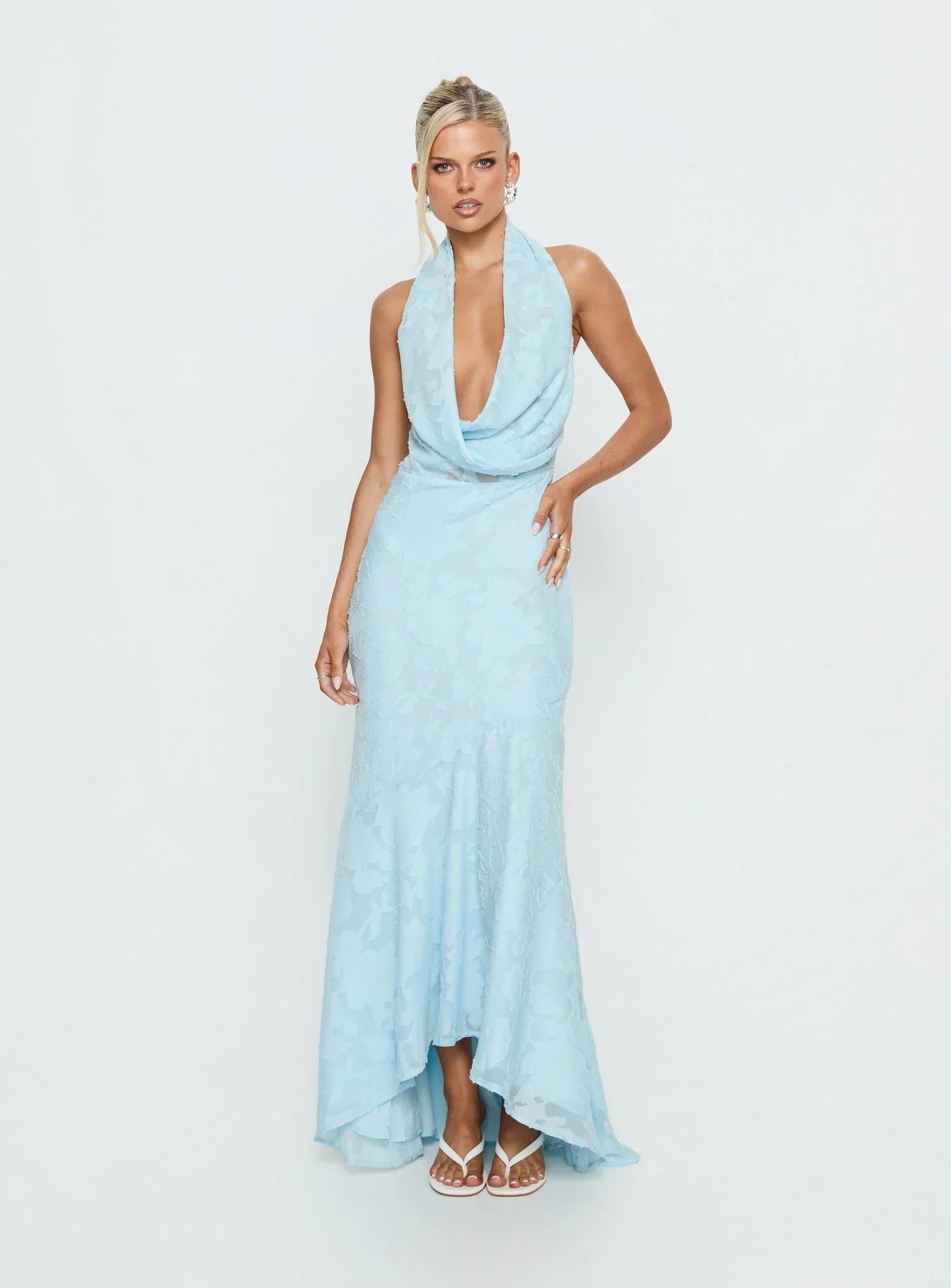 Light Blue Floral Jacquard Halter Prom Dress with Cowl Neckline and Tie Back for Formal Events and Prom Nights