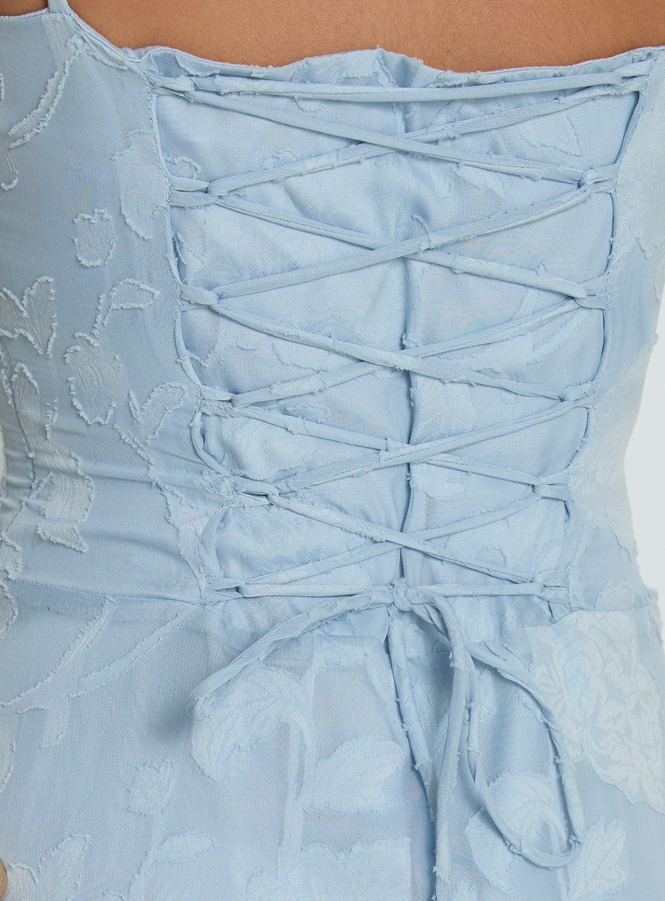 Light Blue Floral Jacquard Prom Dress with Spaghetti Straps and Lace Up Corset Back for Formal Events and Prom Nights